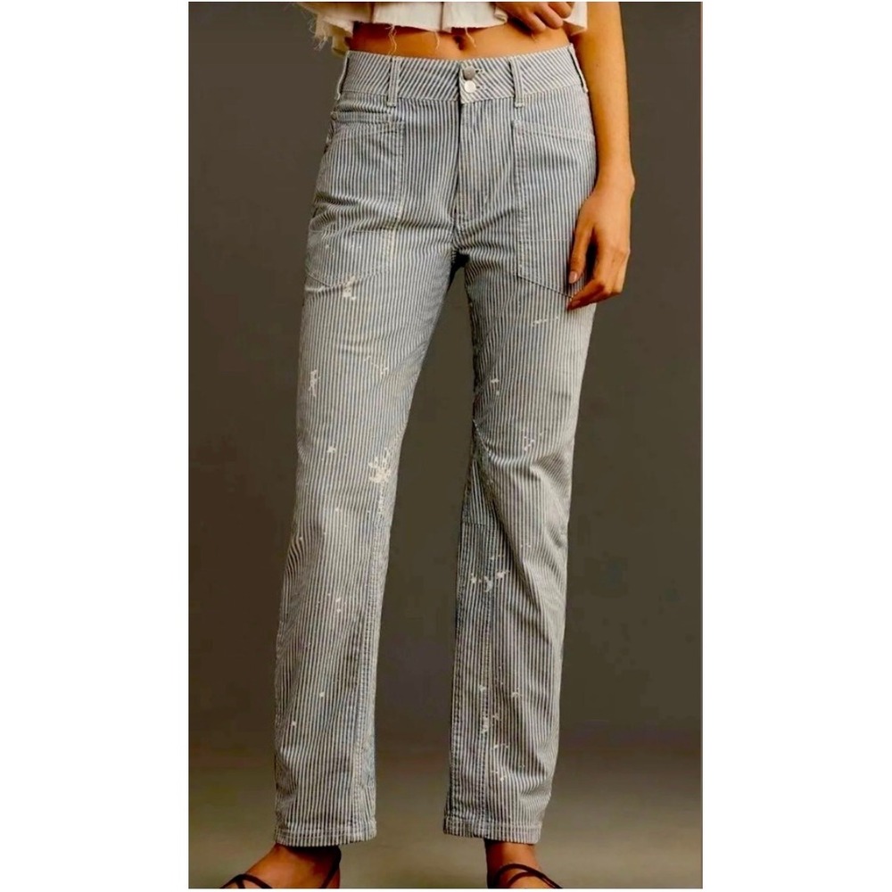 Pilcro The Wanderer Mid Rise Relaxed Jeans 26 Blue White Stripe Paint Splatter